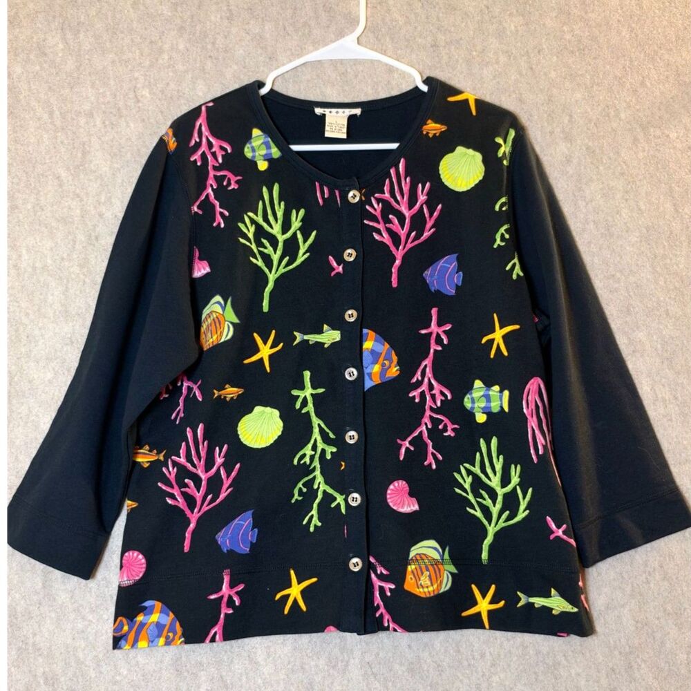 Black Tropical Fish Sea Life Cardigan Women’s L 100% Cotton Nautical Coastal